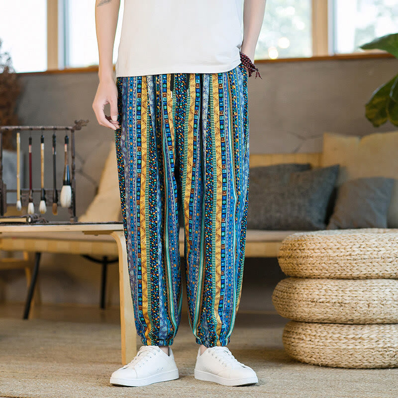 Pantalon sarouel homme en coton et lin à rayures colorées, longueur cheville, avec poches, motif Buddha Stones - image 1
