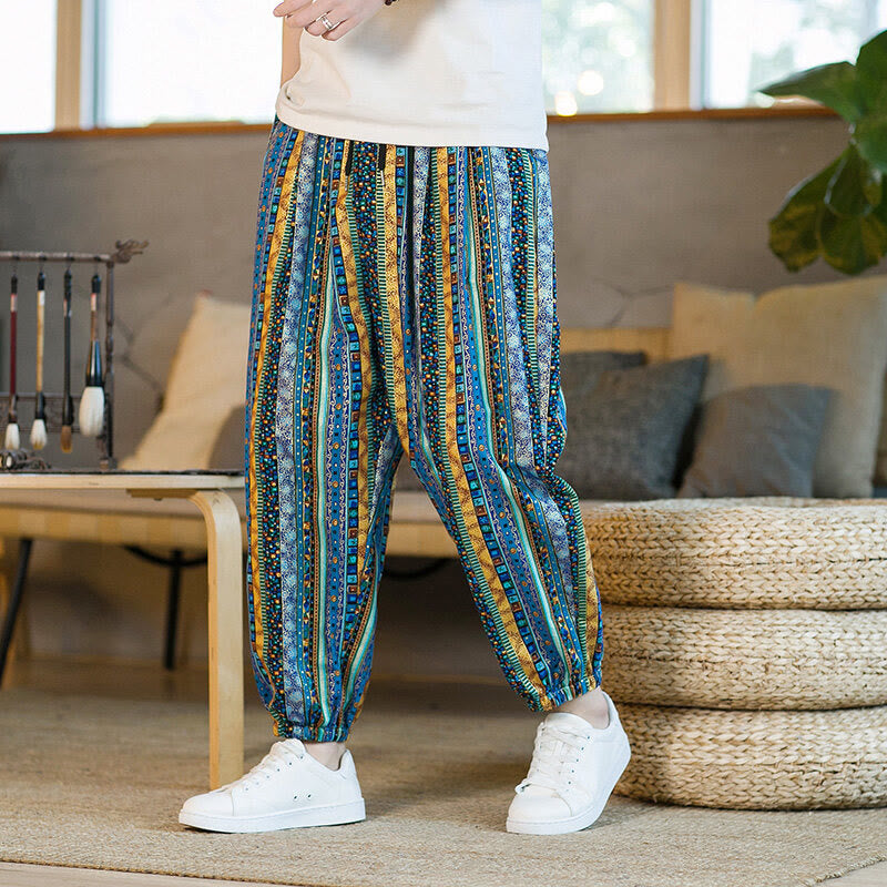 Pantalon sarouel homme en coton et lin à rayures colorées, longueur cheville, avec poches, motif Buddha Stones - Bleu ciel - US/UK/AU46，EU56 (5XL) - image 0