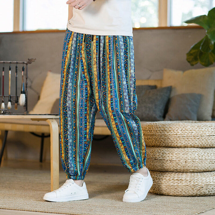 Pantalon sarouel homme en coton et lin à rayures colorées, longueur cheville, avec poches, motif Buddha Stones - Bleu ciel - US/UK/AU46，EU56 (5XL) - image 0