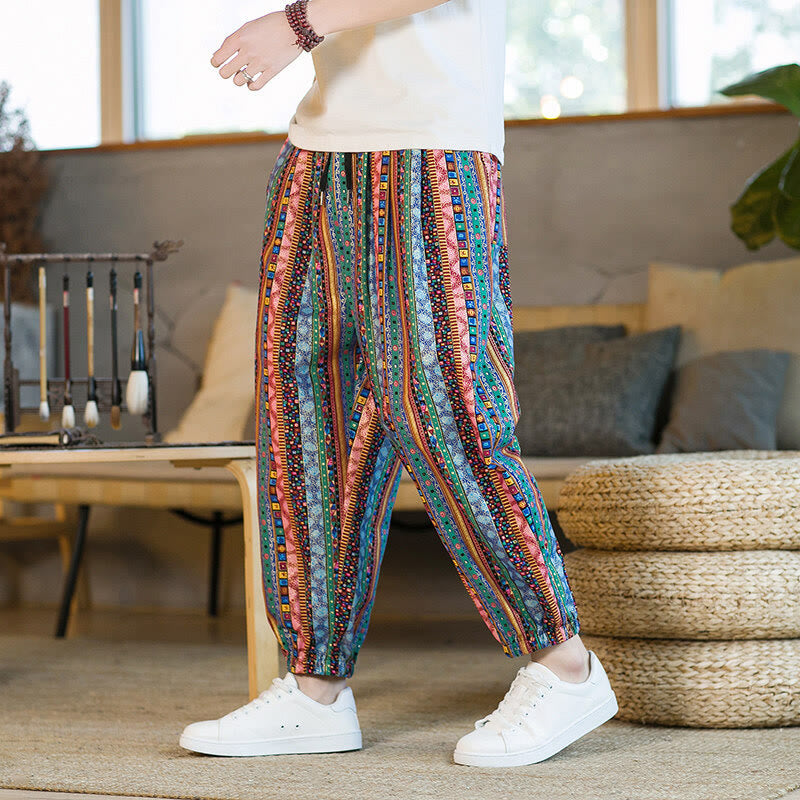 Pantalon sarouel homme en coton et lin à rayures colorées, longueur cheville, avec poches, motif Buddha Stones - image 20