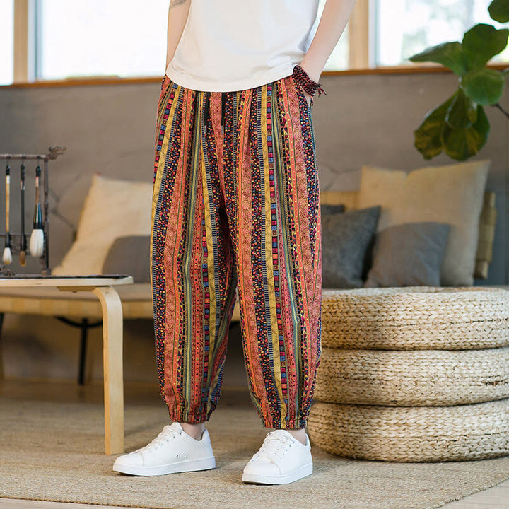 Pantalon sarouel homme en coton et lin à rayures colorées, longueur cheville, avec poches, motif Buddha Stones - image 11