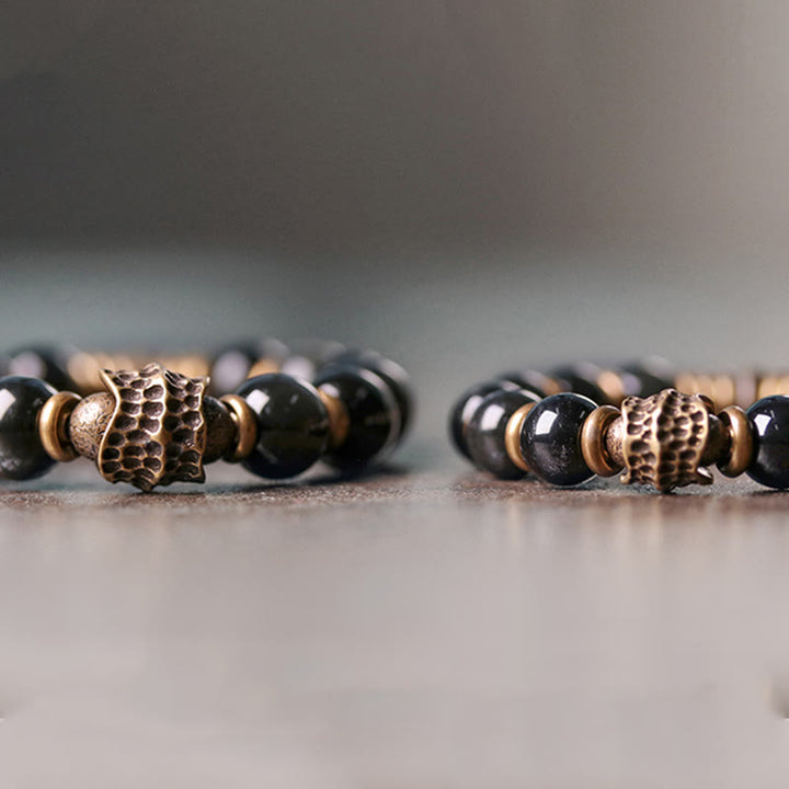 Bracelet de guérison d'amour en cuivre et obsidienne arc-en-ciel avec Buddha Stones
