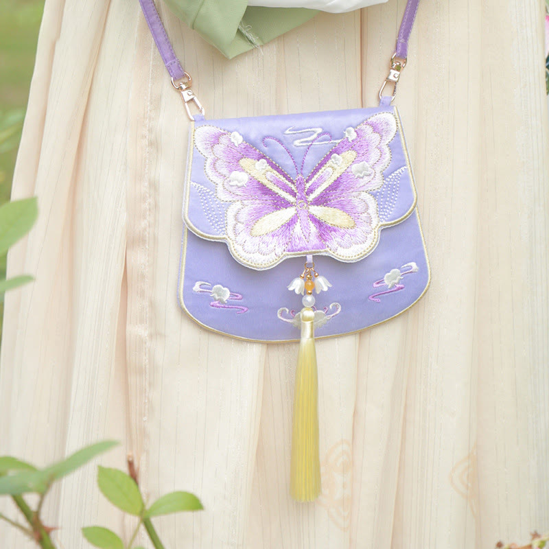 Sac à bandoulière avec broderie de Buddha Stones et de Lotus, poisson Koi, lapin, fleur, Hanfu - Papillon violet - image 23