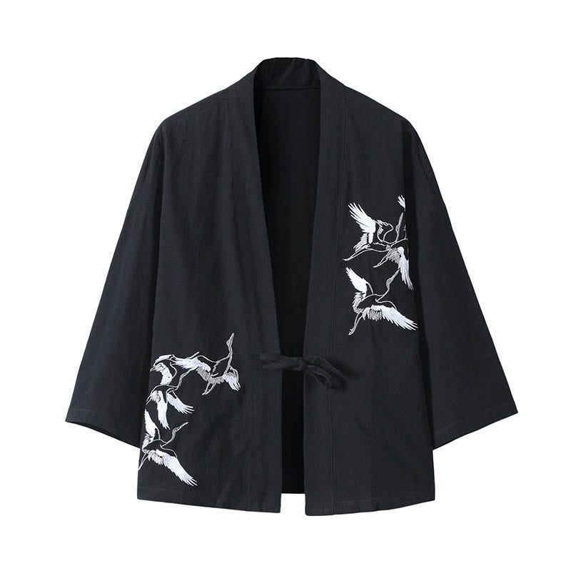 Veste kimono ouverte en coton et lin pour homme, broderie de Buddha Stones et grues blanches volantes