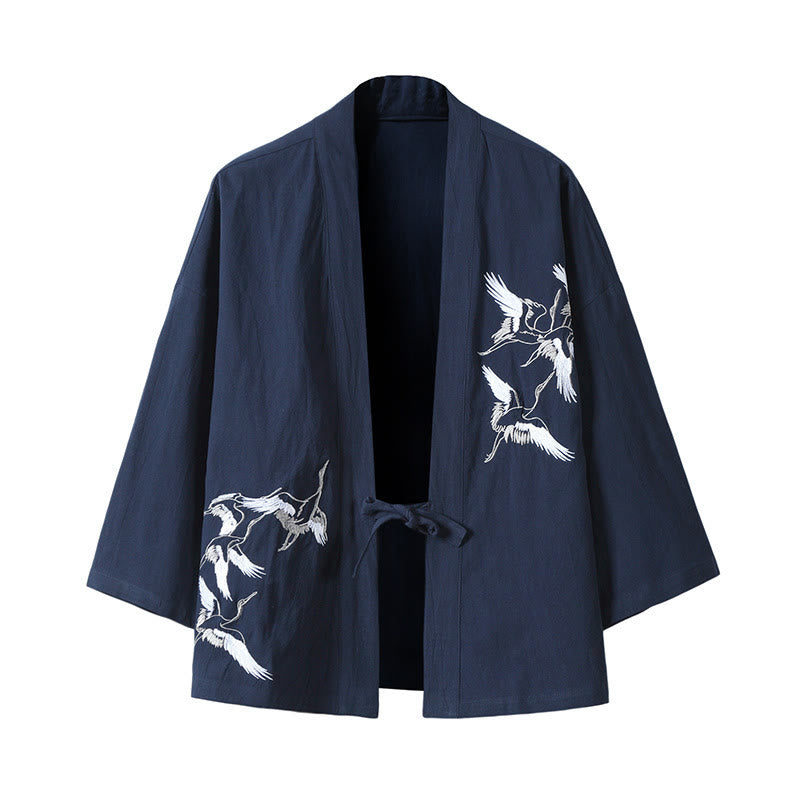 Veste kimono ouverte en coton et lin pour homme, broderie de Buddha Stones et grues blanches volantes