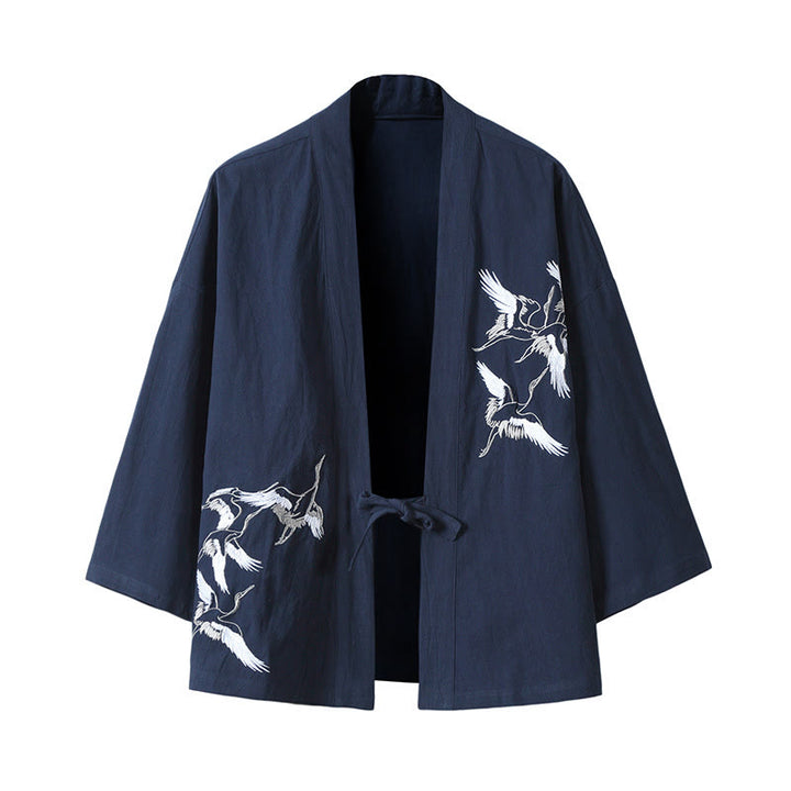 Veste kimono ouverte en coton et lin pour homme, broderie de Buddha Stones et grues blanches volantes