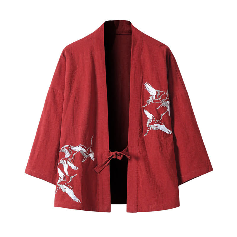 Veste kimono ouverte en coton et lin pour homme, broderie de Buddha Stones et grues blanches volantes