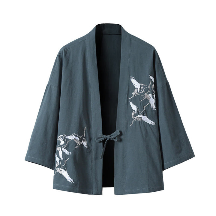 Veste kimono ouverte en coton et lin pour homme, broderie de Buddha Stones et grues blanches volantes