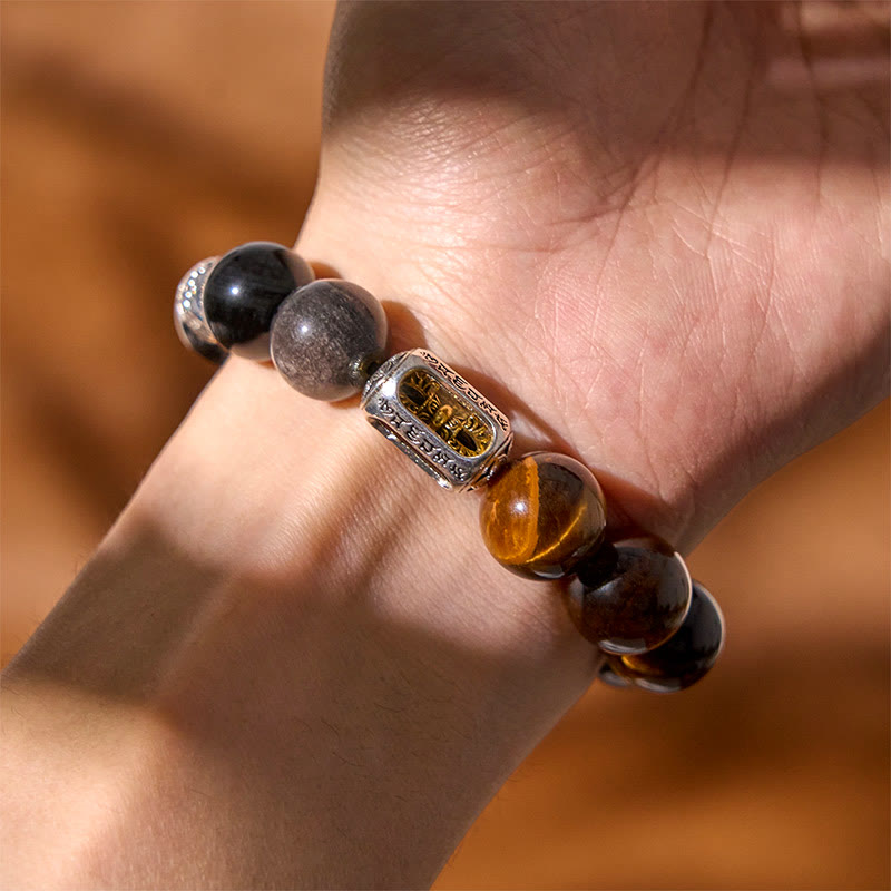 Bracelet de protection Vajra en obsidienne Buddha Stones de tigre et argent naturel