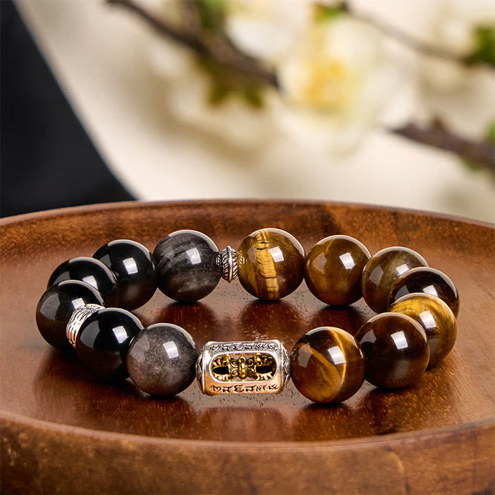 Bracelet de protection Vajra en obsidienne Buddha Stones de tigre et argent naturel