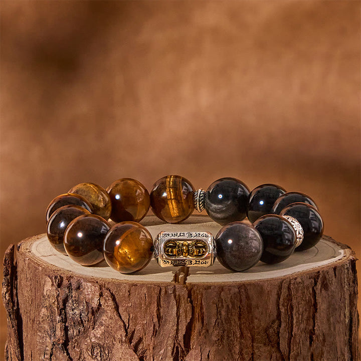 Bracelet de protection Vajra en obsidienne Buddha Stones de tigre et argent naturel