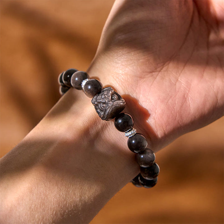 Bracelet de protection en Buddha Stones argentée naturelle et brillante, style danse du lion