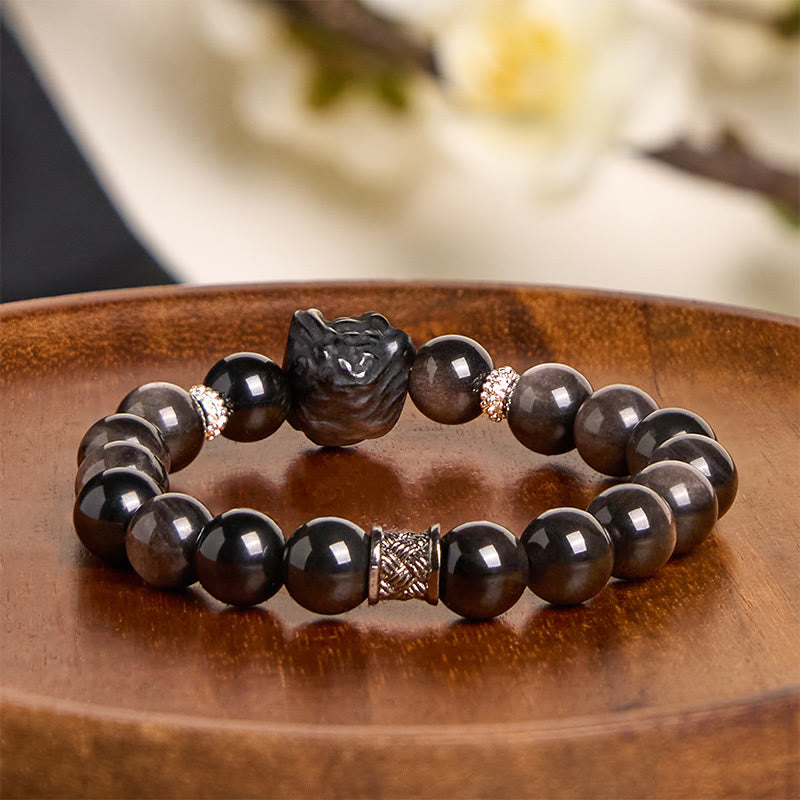 Bracelet de protection en Buddha Stones argentée naturelle et brillante, style danse du lion