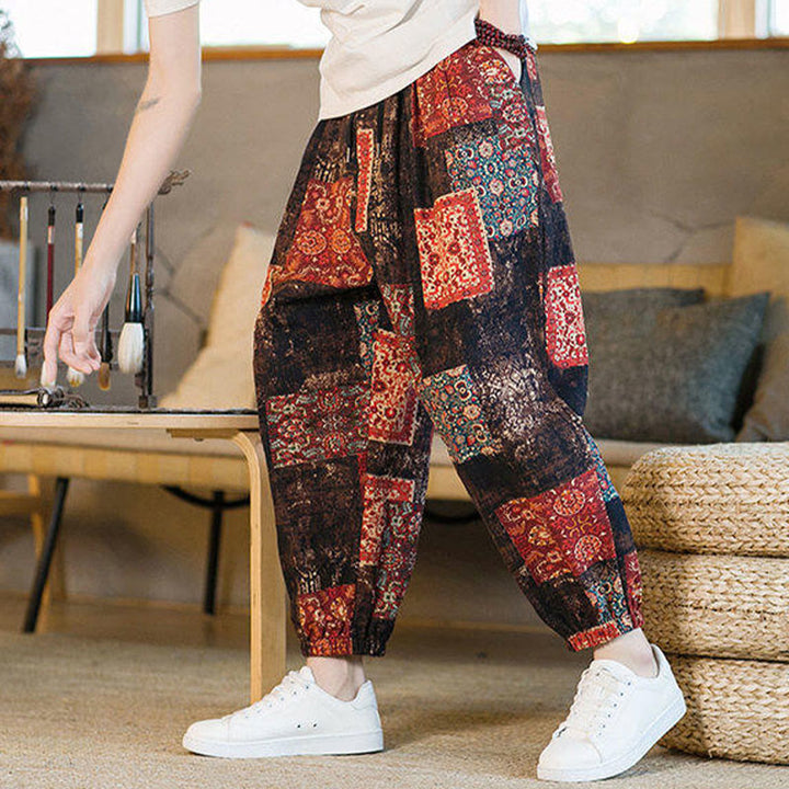 Pantalon harem homme mi-long à poches, motif patchwork carré d'été Buddha Stones - image 5