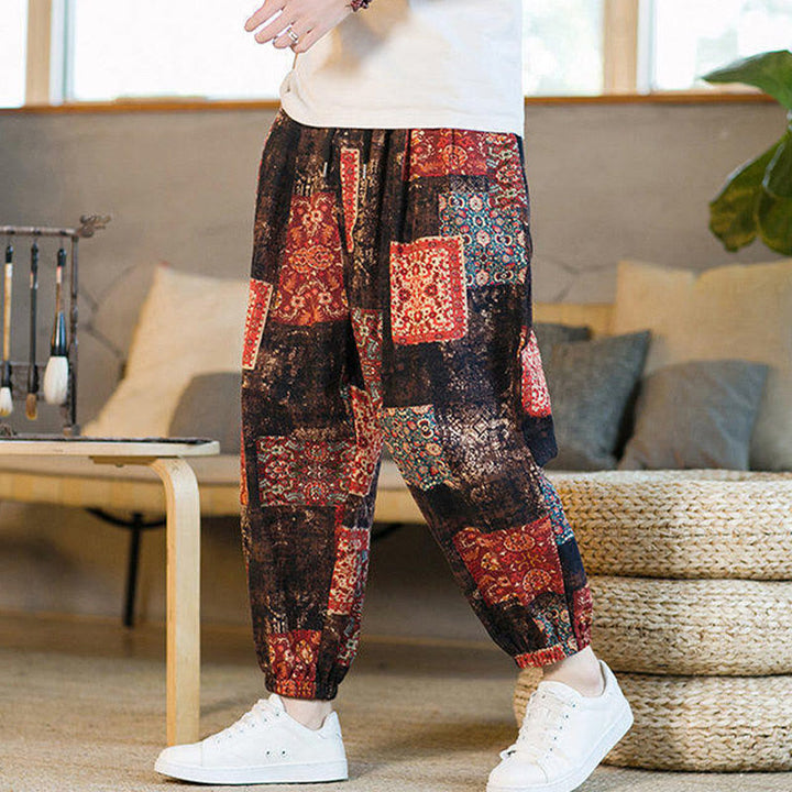 Pantalon harem homme mi-long à poches, motif patchwork carré d'été Buddha Stones - image 2