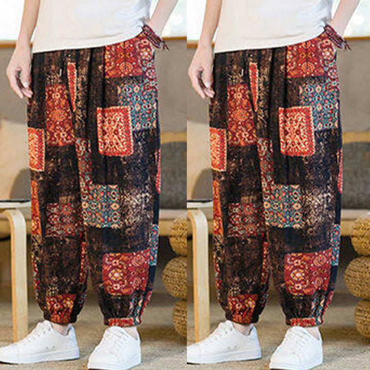 Pantalon harem homme mi-long à poches, motif patchwork carré d'été Buddha Stones - image 8