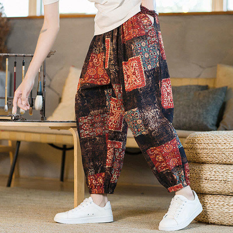 Pantalon harem homme mi-long à poches, motif patchwork carré d'été Buddha Stones - image 5