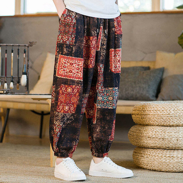 Pantalon harem homme mi-long à poches, motif patchwork carré d'été Buddha Stones - image 4