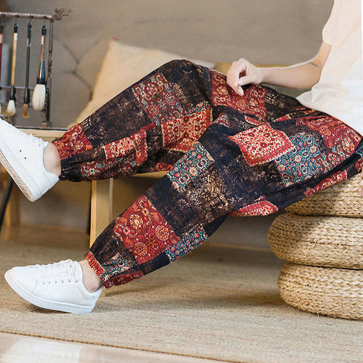 Pantalon harem homme mi-long à poches, motif patchwork carré d'été Buddha Stones - image 6