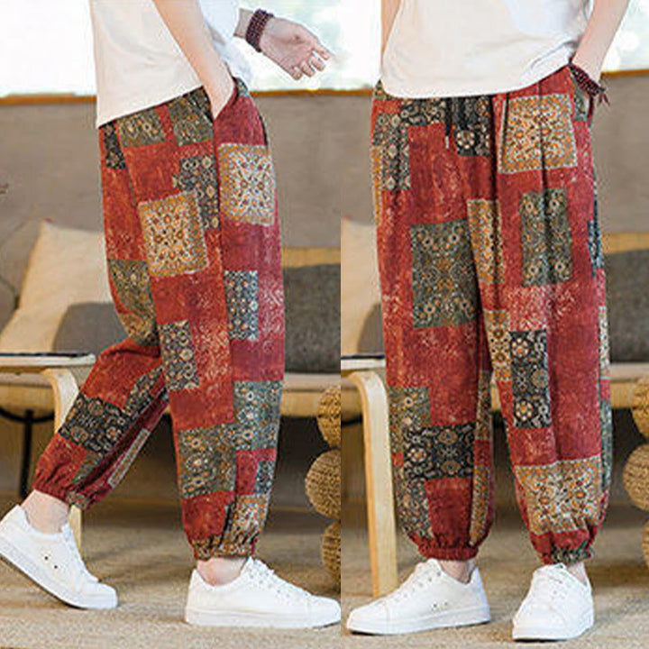 Pantalon harem homme mi-long à poches, motif patchwork carré d'été Buddha Stones - image 17