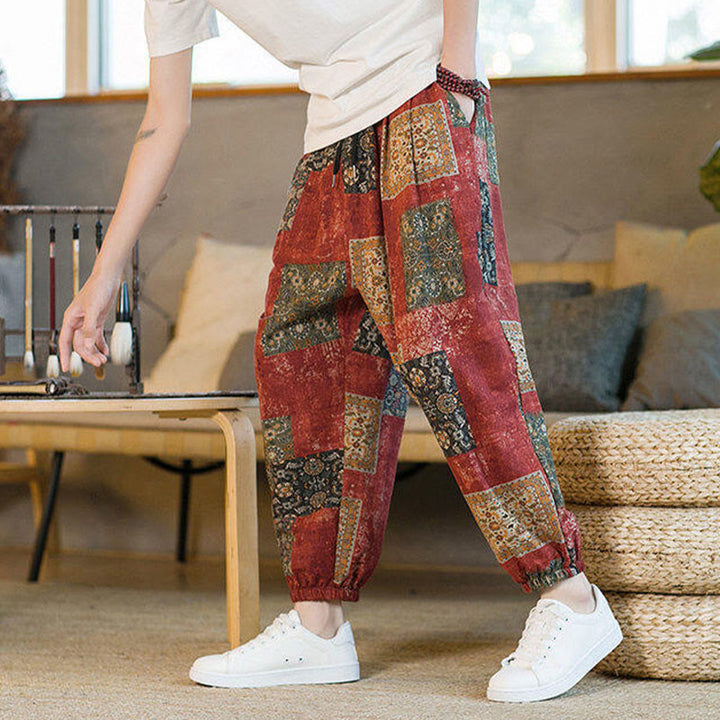 Pantalon harem homme mi-long à poches, motif patchwork carré d'été Buddha Stones - image 14