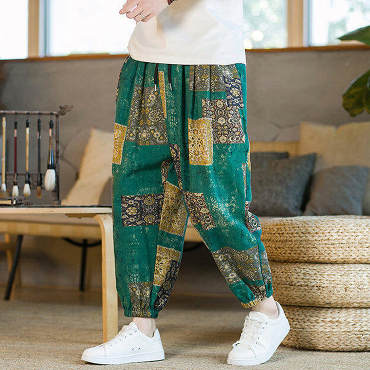 Pantalon harem homme mi-long à poches, motif patchwork carré d'été Buddha Stones - image 20