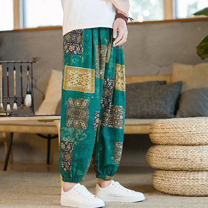 Pantalon harem homme mi-long à poches, motif patchwork carré d'été Buddha Stones - image 23