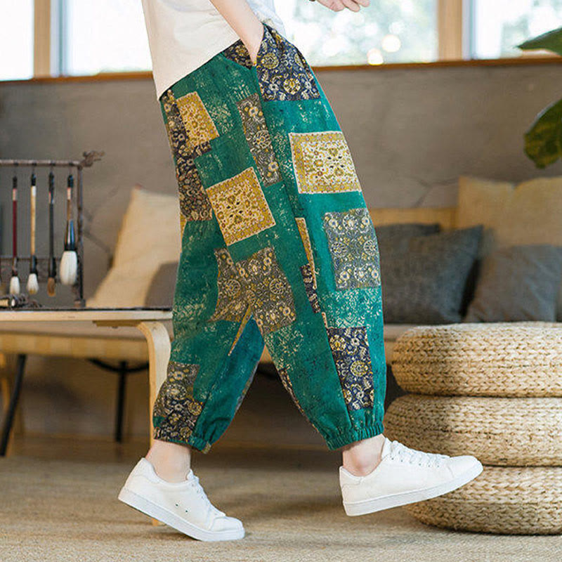 Pantalon harem homme mi-long à poches, motif patchwork carré d'été Buddha Stones - image 24