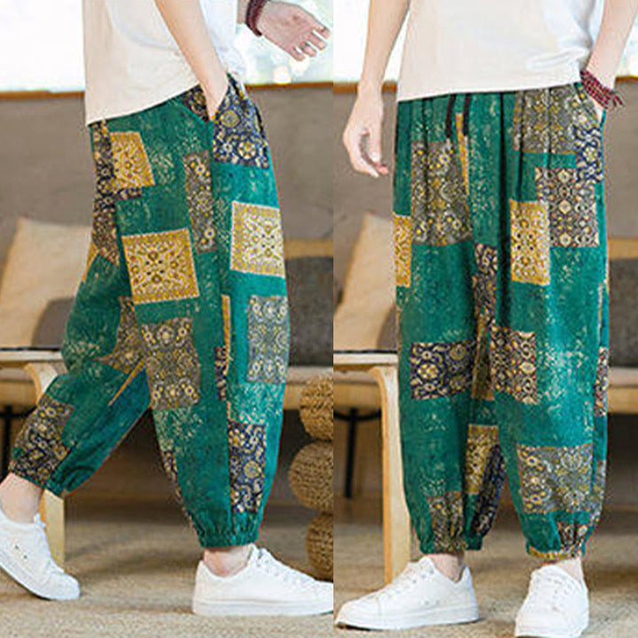 Pantalon harem homme mi-long à poches, motif patchwork carré d'été Buddha Stones - image 30