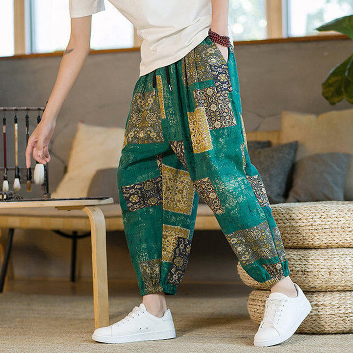 Pantalon harem homme mi-long à poches, motif patchwork carré d'été Buddha Stones - image 22
