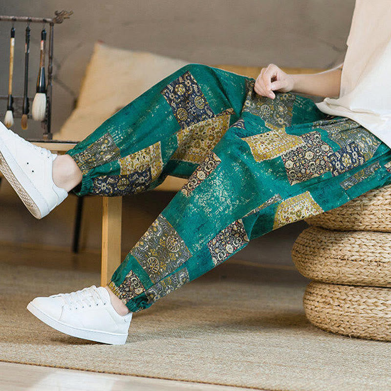 Pantalon harem homme mi-long à poches, motif patchwork carré d'été Buddha Stones - image 29