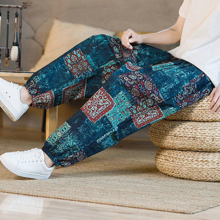 Pantalon harem homme mi-long à poches, motif patchwork carré d'été Buddha Stones - image 39