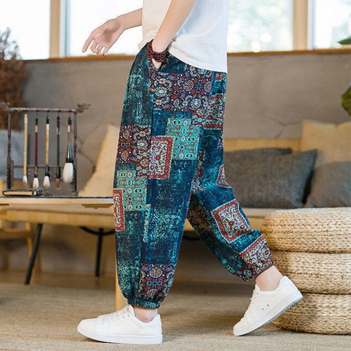 Pantalon harem homme mi-long à poches, motif patchwork carré d'été Buddha Stones - image 34