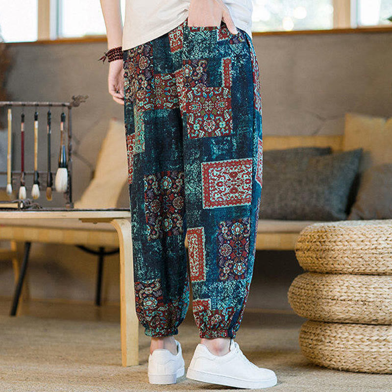 Pantalon harem homme mi-long à poches, motif patchwork carré d'été Buddha Stones - image 35