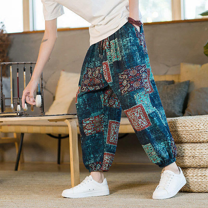 Pantalon harem homme mi-long à poches, motif patchwork carré d'été Buddha Stones - image 36