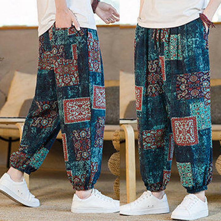 Pantalon harem homme mi-long à poches, motif patchwork carré d'été Buddha Stones - image 38