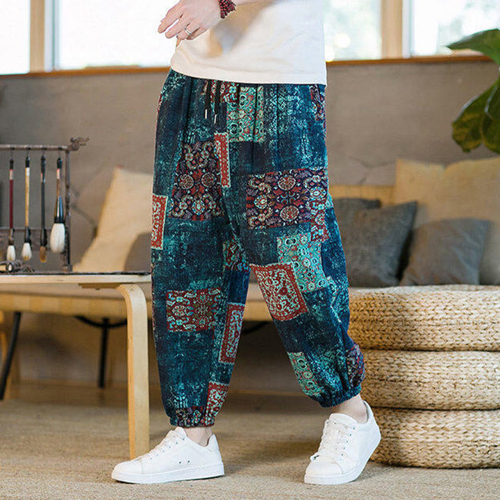 Pantalon harem homme mi-long à poches, motif patchwork carré d'été Buddha Stones - image 33
