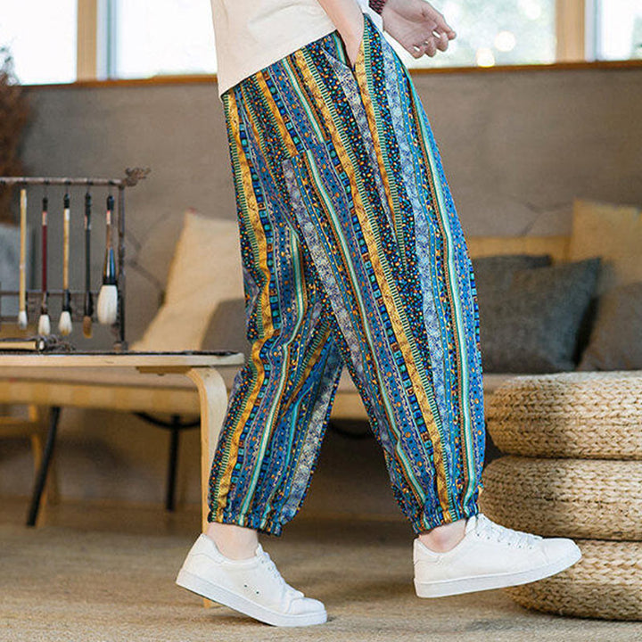 Pantalon sarouel homme en coton et lin à rayures colorées, longueur cheville, avec poches, motif Buddha Stones - image 7
