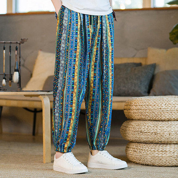 Pantalon sarouel homme en coton et lin à rayures colorées, longueur cheville, avec poches, motif Buddha Stones - image 2