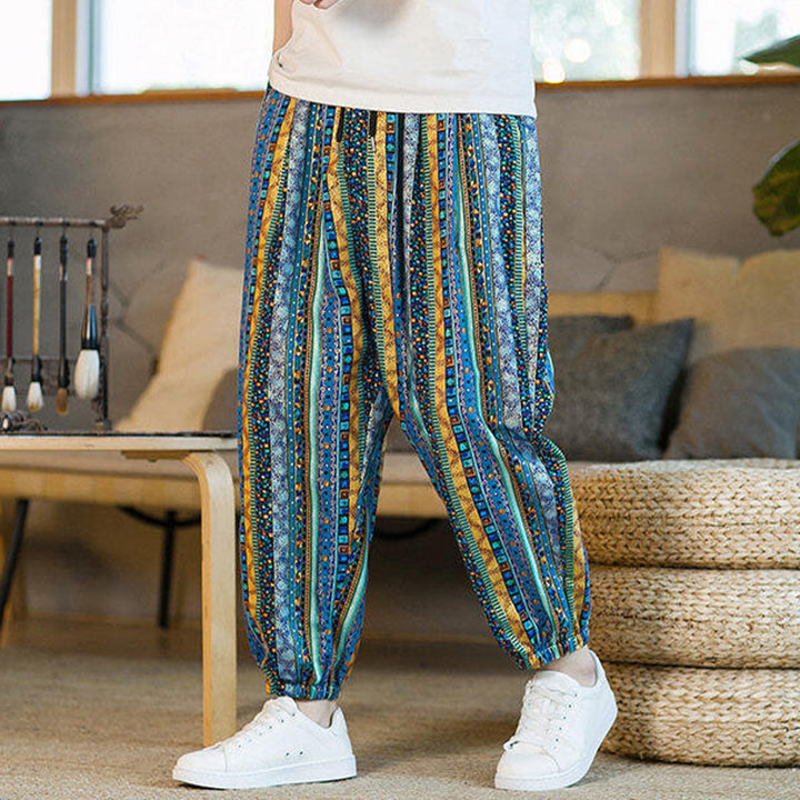 Pantalon sarouel homme en coton et lin à rayures colorées, longueur cheville, avec poches, motif Buddha Stones - image 5