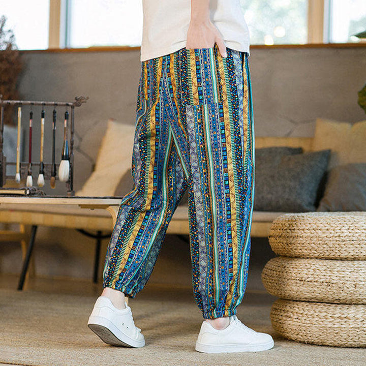 Pantalon sarouel homme en coton et lin à rayures colorées, longueur cheville, avec poches, motif Buddha Stones - image 4