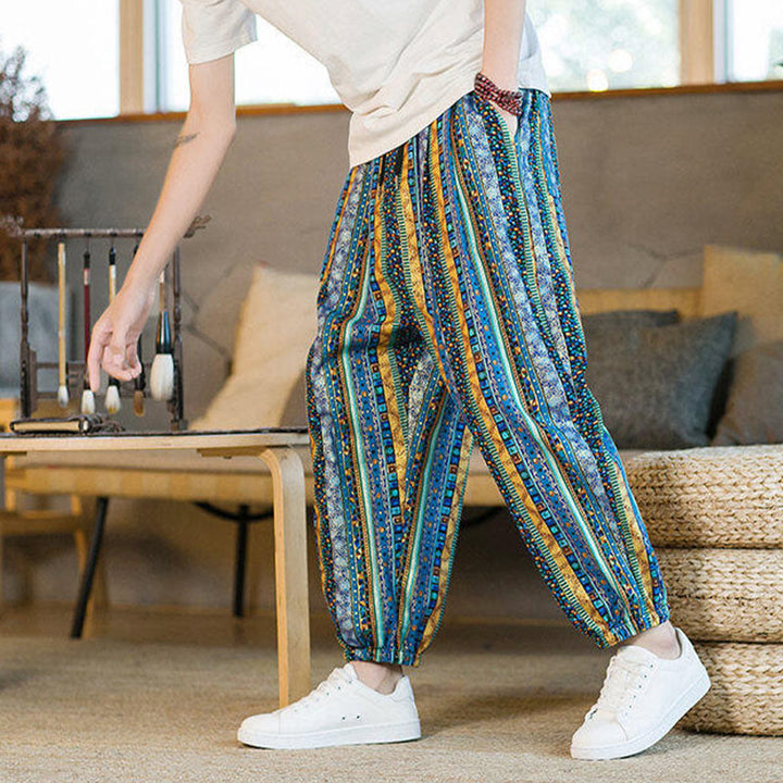 Pantalon sarouel homme en coton et lin à rayures colorées, longueur cheville, avec poches, motif Buddha Stones - image 6
