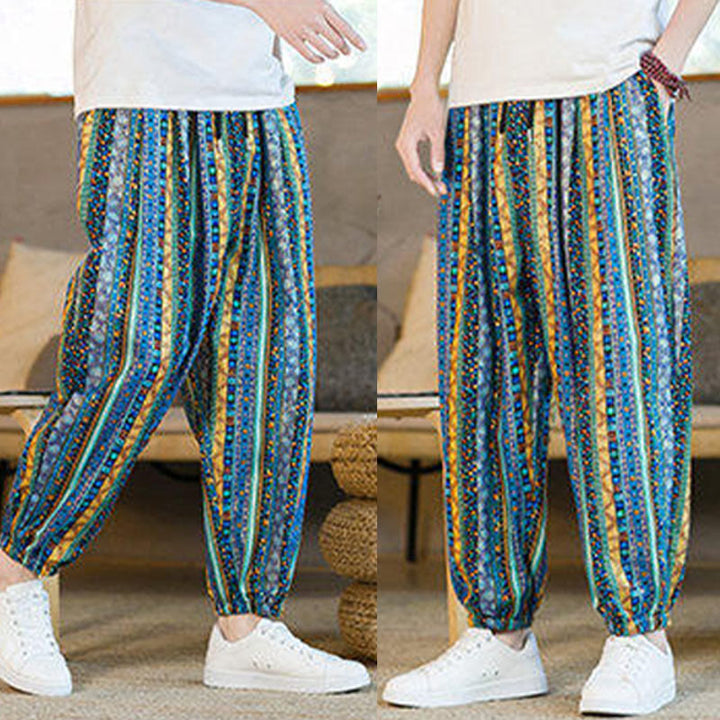 Pantalon sarouel homme en coton et lin à rayures colorées, longueur cheville, avec poches, motif Buddha Stones - image 9