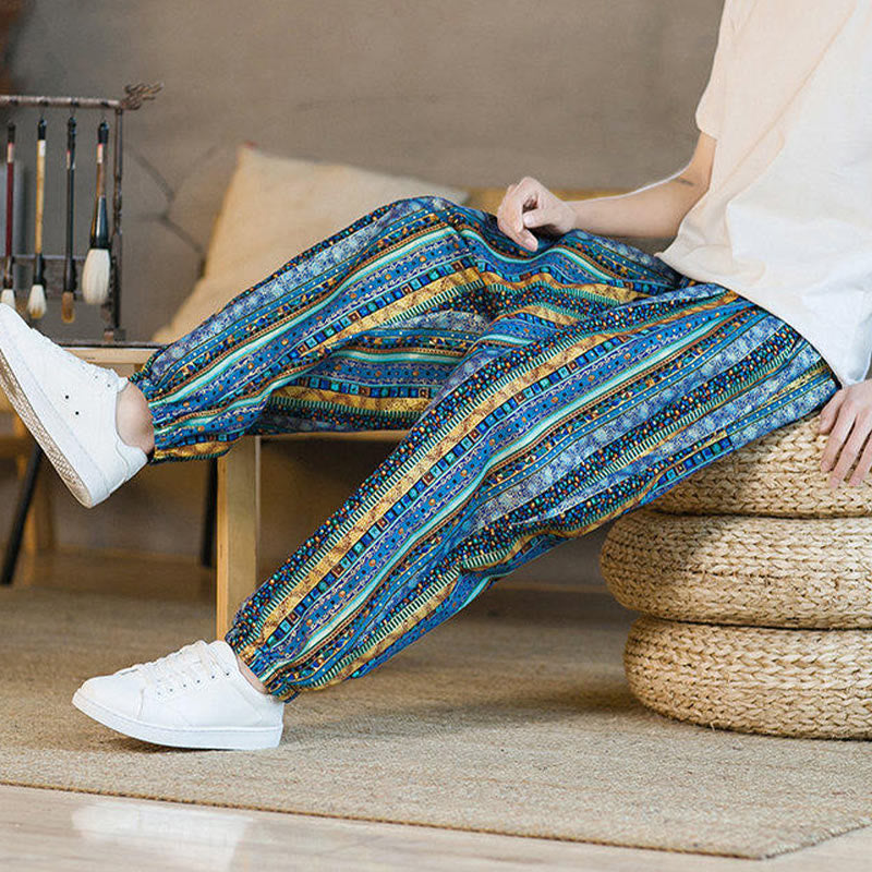 Pantalon sarouel homme en coton et lin à rayures colorées, longueur cheville, avec poches, motif Buddha Stones - image 8