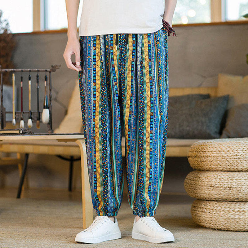 Pantalon sarouel homme en coton et lin à rayures colorées, longueur cheville, avec poches, motif Buddha Stones - image 3