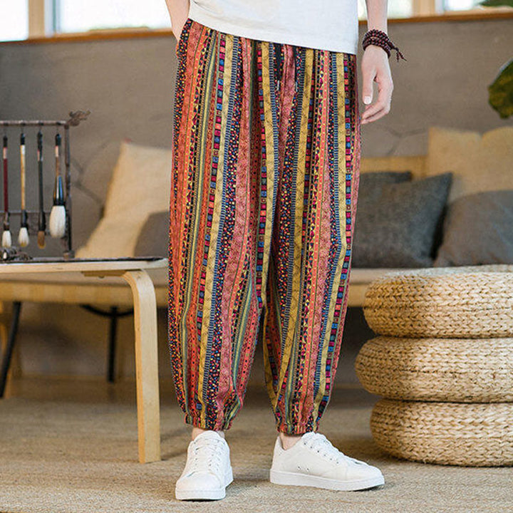 Pantalon sarouel homme en coton et lin à rayures colorées, longueur cheville, avec poches, motif Buddha Stones - image 18