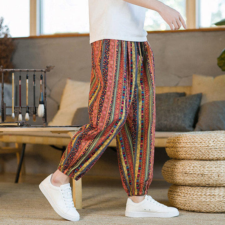 Pantalon sarouel homme en coton et lin à rayures colorées, longueur cheville, avec poches, motif Buddha Stones - image 14