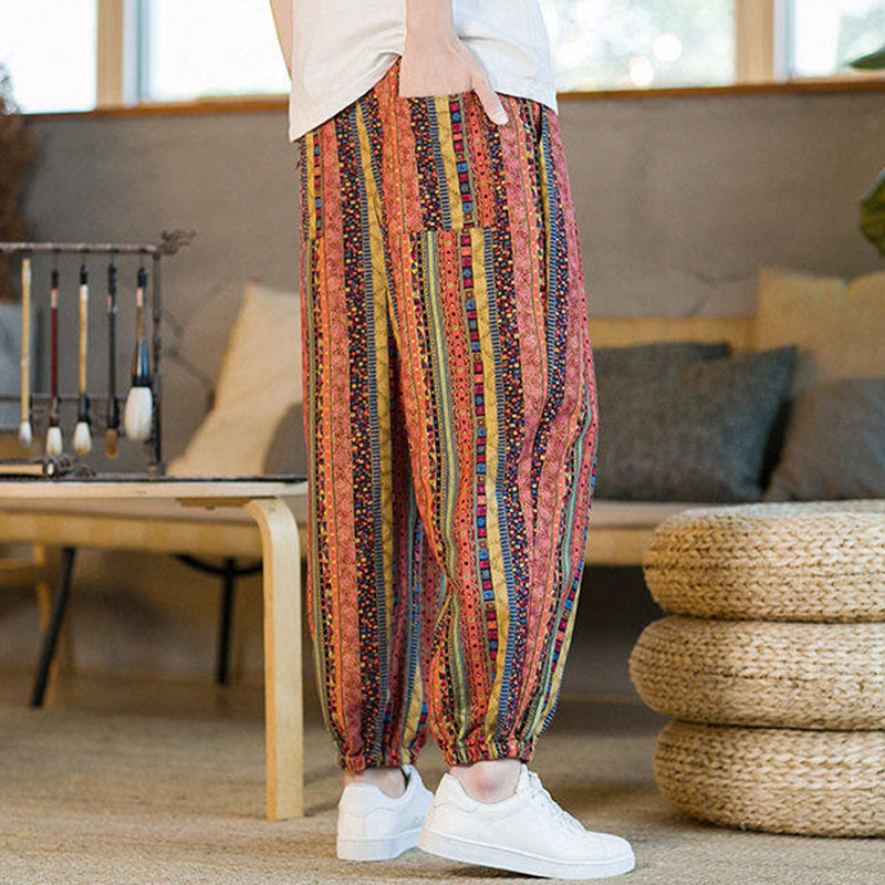 Pantalon sarouel homme en coton et lin à rayures colorées, longueur cheville, avec poches, motif Buddha Stones - image 13