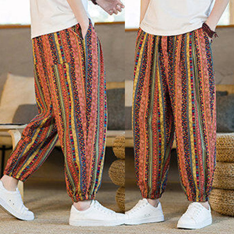 Pantalon sarouel homme en coton et lin à rayures colorées, longueur cheville, avec poches, motif Buddha Stones - image 17
