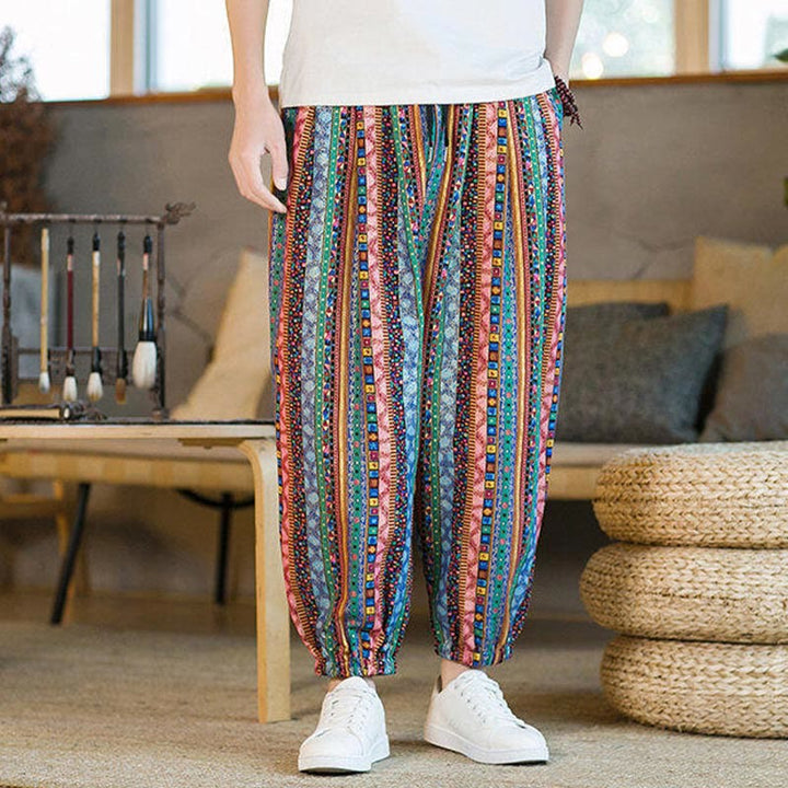 Pantalon sarouel homme en coton et lin à rayures colorées, longueur cheville, avec poches, motif Buddha Stones - image 21